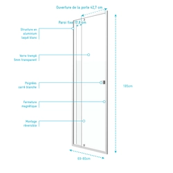 Porte de douche pivotante ajustable de 69 à 80cm en Alu. Blanc et verre transparent - WHITY PIVOT