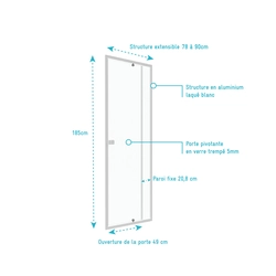 Porte de douche pivotante ajustable de 78 à 90cm en Alu. Blanc et verre transparent - WHITY PIVOT