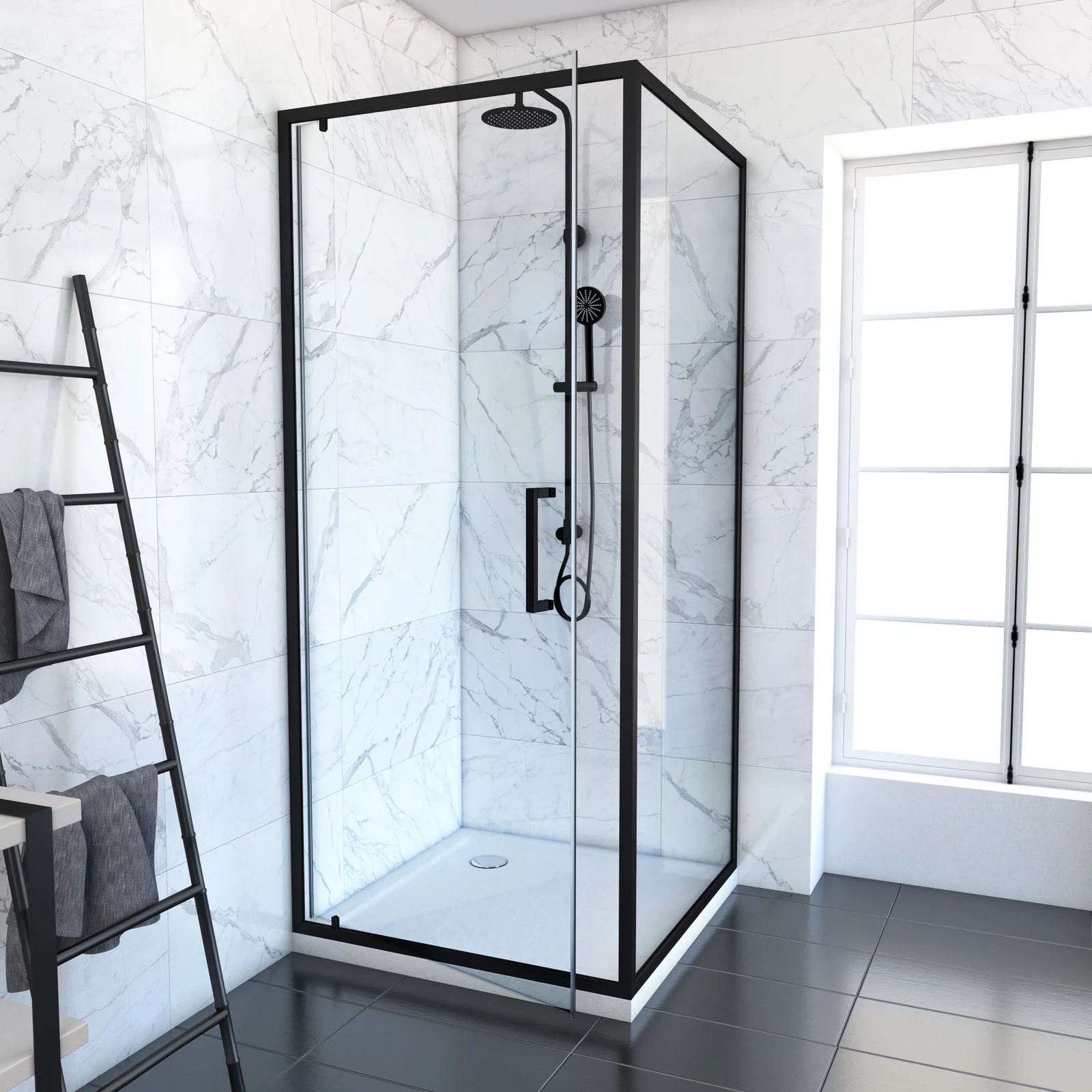 Porte de douche Pivotante et retour 90x90x200 - Profilés noir mat - CRUSH PIVOTANTE Porte de douche Pivotante et retour 90x90x200 - Profilés noir mat - CRUSH PIVOTANTE