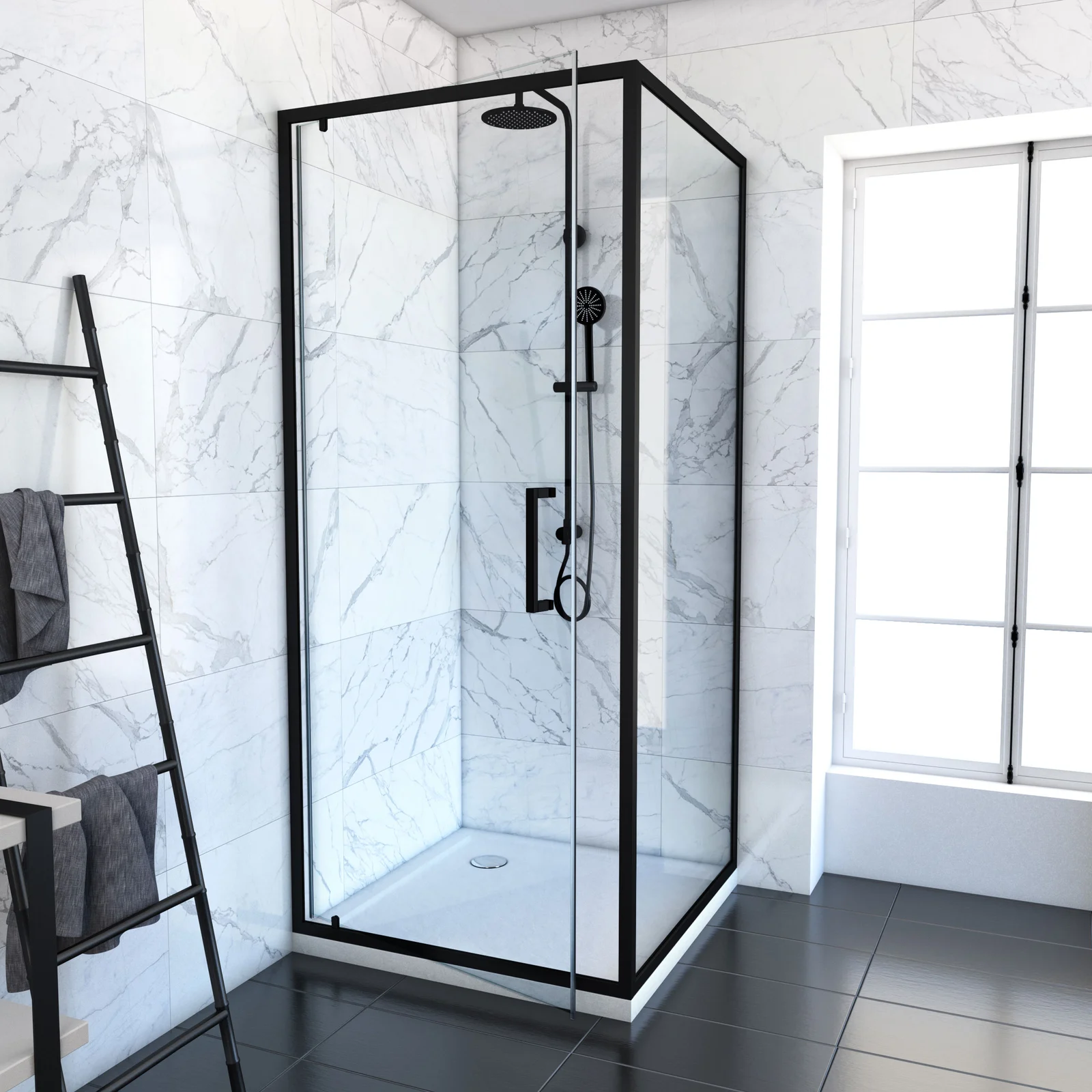 Porte de douche Pivotante et retour profilés noir + receveur a poser - 80x80x204cm - CRUSH PIVOTANTE