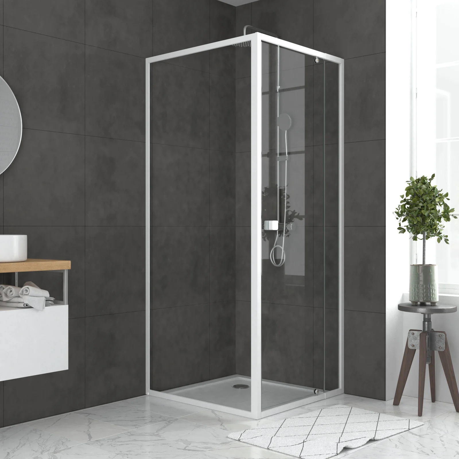 Porte de douche pivotante extensible 78 à 90cm + paroi de retour 90 + receveur 90x90 - WHITY PIVOT