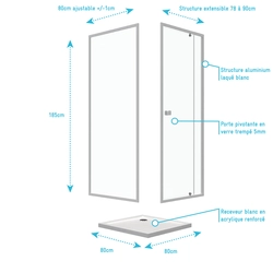 Porte de douche pivotante extensible 78 à 90cm + paroi de retour 80 + receveur 80x80 - WHITY PIVOT