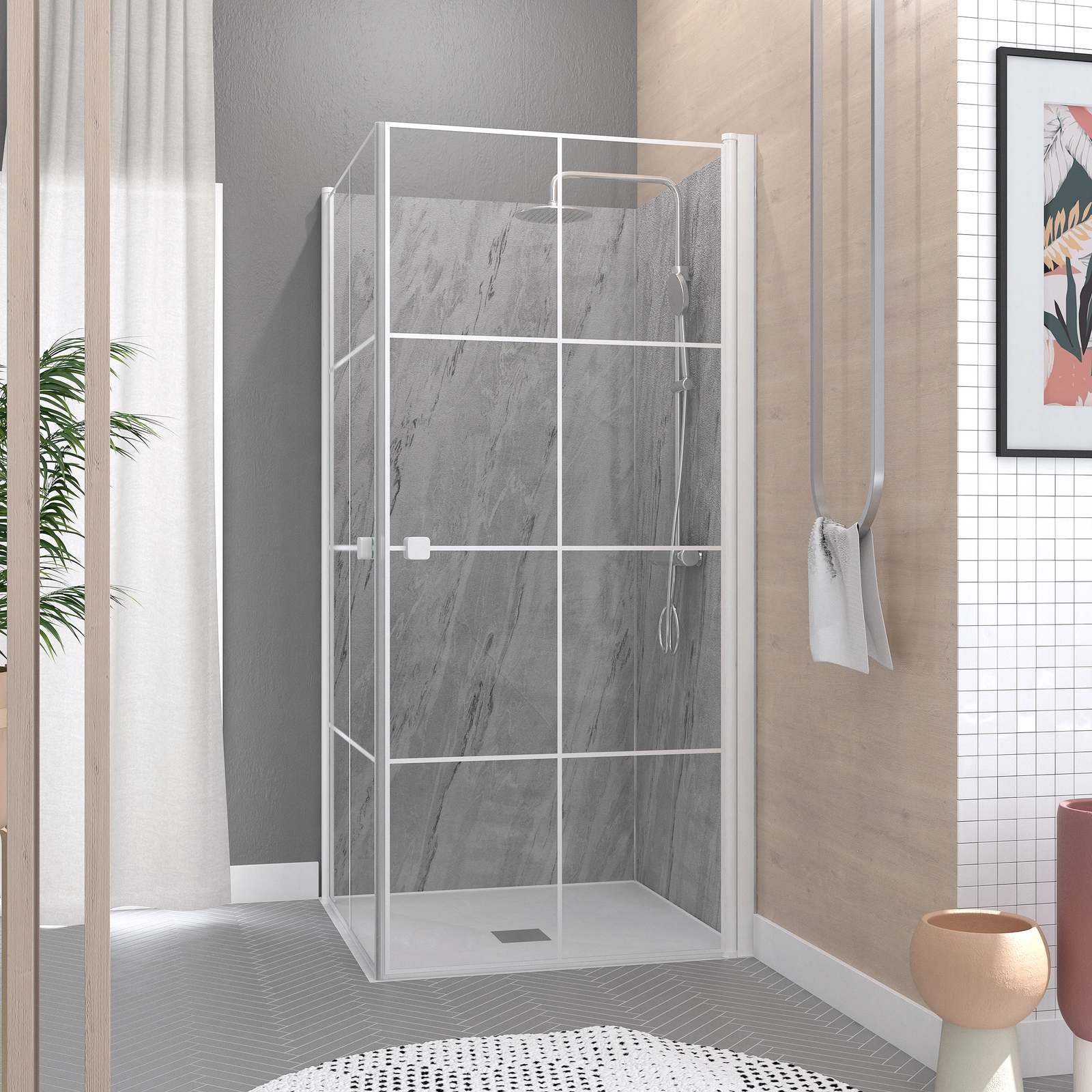 Portes de Douche en Angle 80x80x190 cm - Motifs carrés - Profilés Blanc - WHITE CUBE