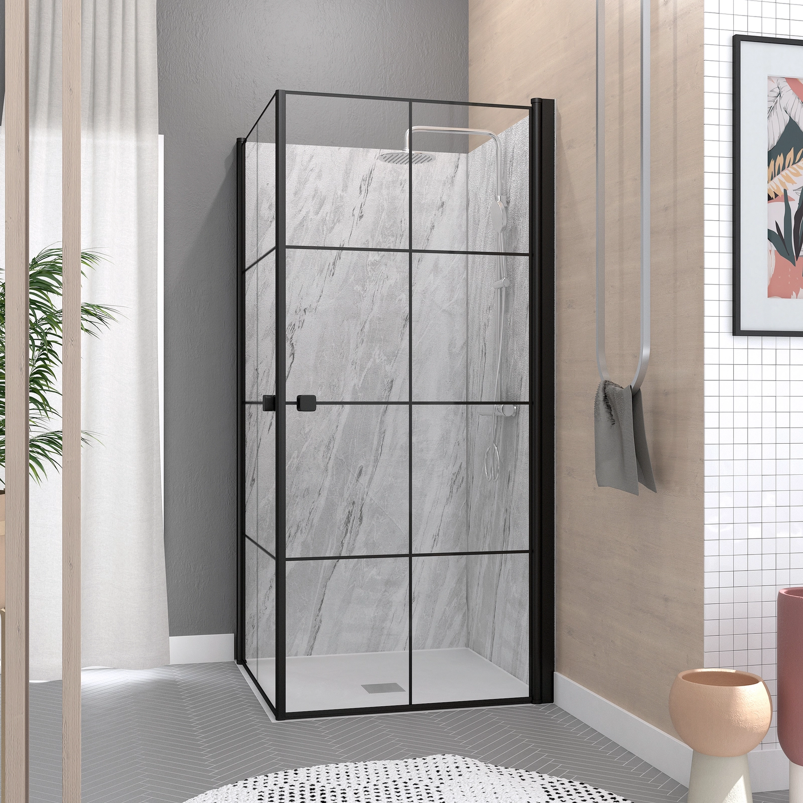 Portes de Douche en Angle 80x80x190 cm - Motifs carrés - Profilés Noir Mat - BLACK CUBE