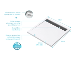 PURE 2 RECEVEUR BLANC LINEAIRE 80x80 + GRILLE CANIVEAU GUN METAL 69.5x11x0.2cm