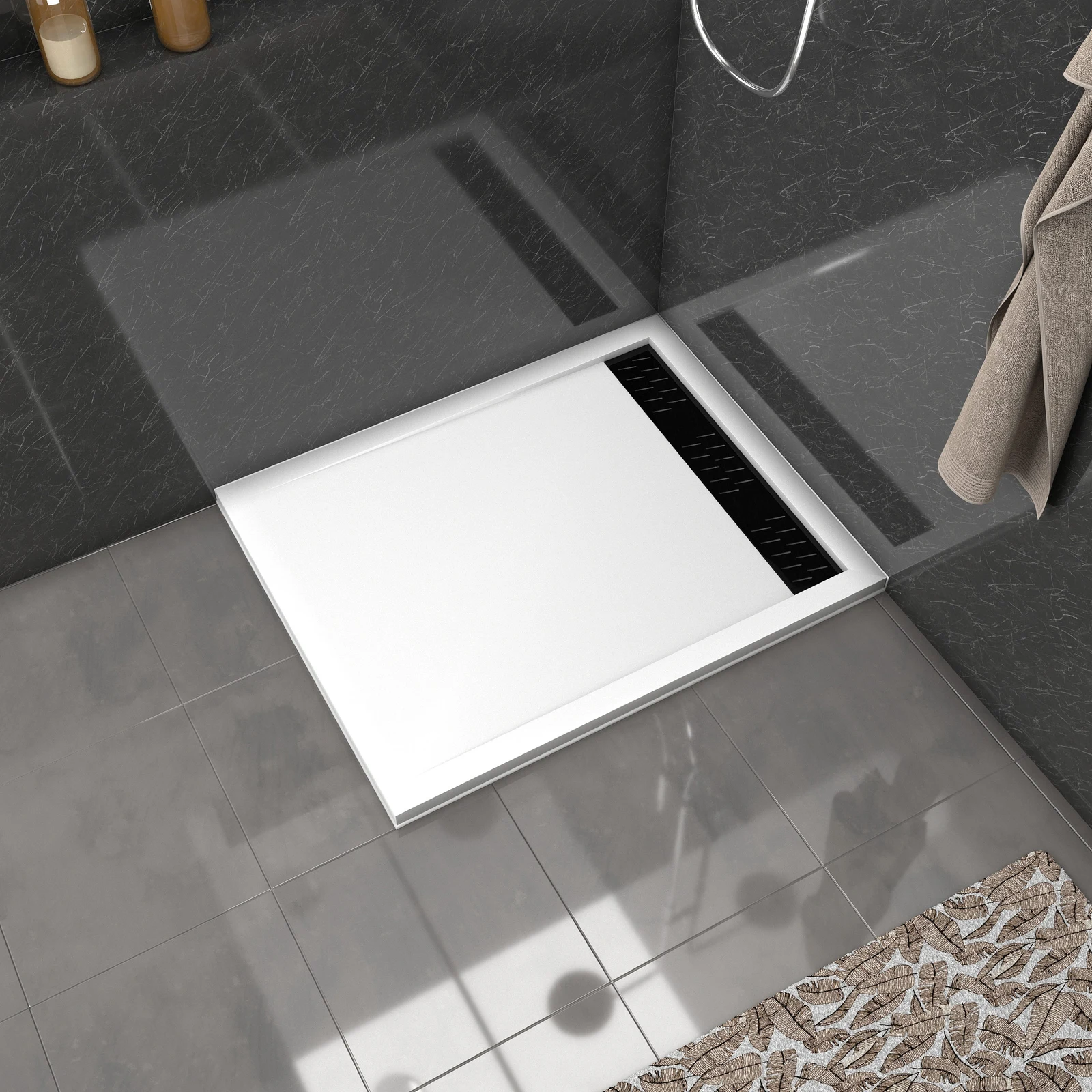 Receveur en acrylique Blanc 80x100x4 cm + Grilles Linéaires Chrome et Noire - WHITENESS II Receveur en acrylique Blanc 80x100x4 cm + Grilles Linéaires Chrome et Noire - WHITENESS II