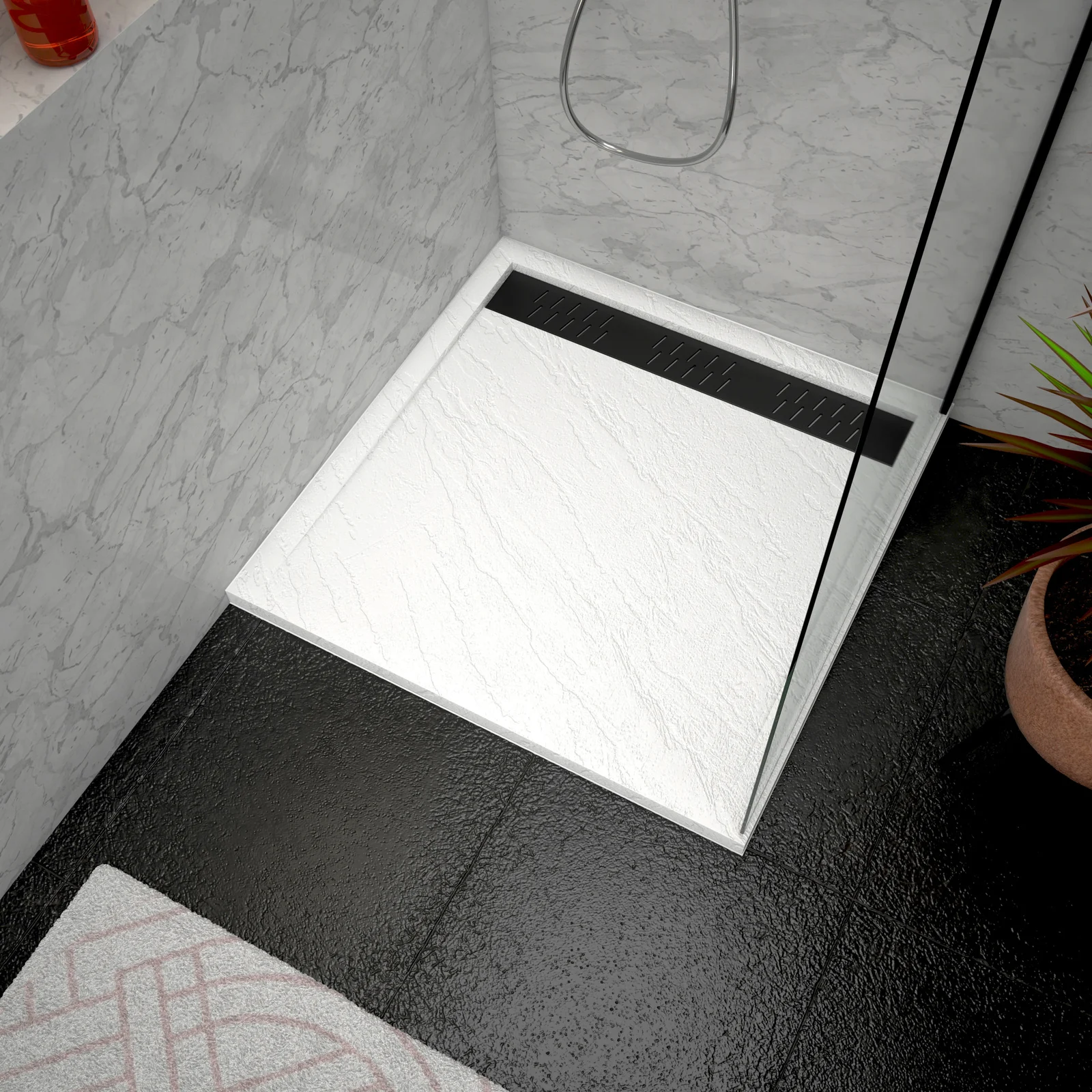 Receveur en acrylique Blanc Effet Pierre 90x90x4 cm + Grilles Linéaires Chrome et Noire - MOON Receveur en acrylique Blanc Effet Pierre 90x90x4 cm + Grilles Linéaires Chrome et Noire - MOON