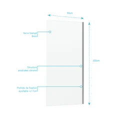 Retour pour paroi de douche a l'italienne - 80x200 VERRE TRANSPARENT 8mm