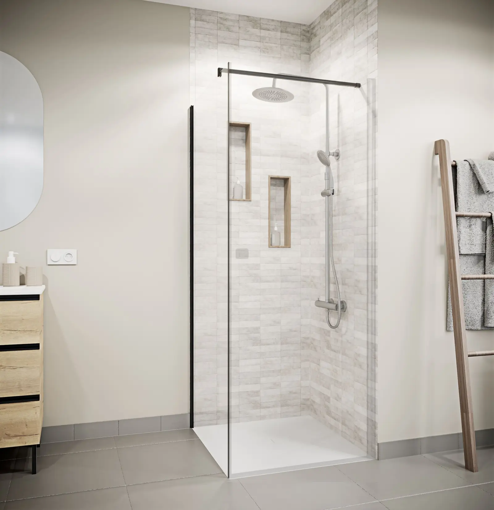 Retour pour Porte de Douche 80?180 cm Verre Trempe 5mm - Finition Noire - DARK ELEMENTARY