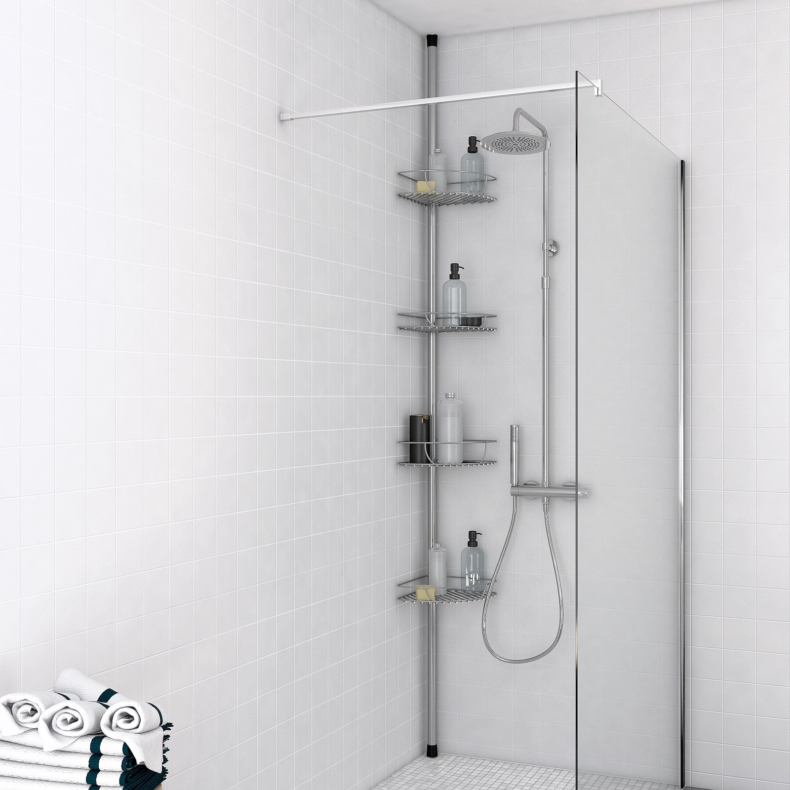 Valet de douche et baignoire télescopique Chromé - Pose en angle - 4 étagères - Tube Ø32 Valet de douche et baignoire télescopique Chromé - Pose en angle - 4 étagères - Tube Ø32