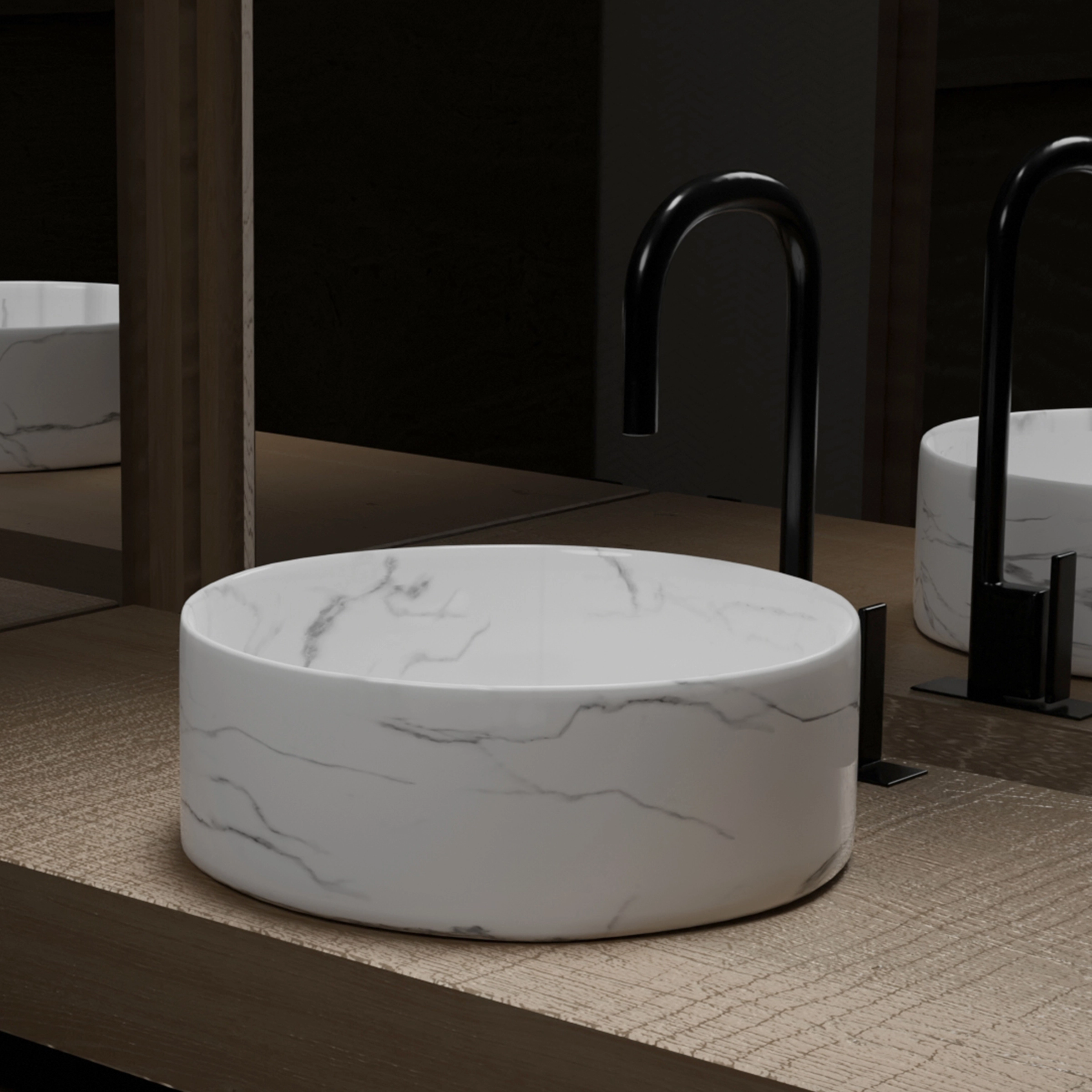 Vasque à poser Ronde en Céramique Blanche Mat Effet Marbre - 36cm x 13cm - WHITE MARBLE