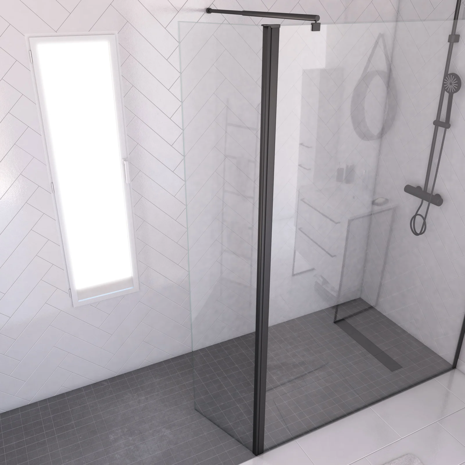 Volet pivotant 40cm pour douche a l'italienne - Verre transparent 6mm - Profile noir mat Volet pivotant 40cm pour douche a l'italienne - Verre transparent 6mm - Profile noir mat