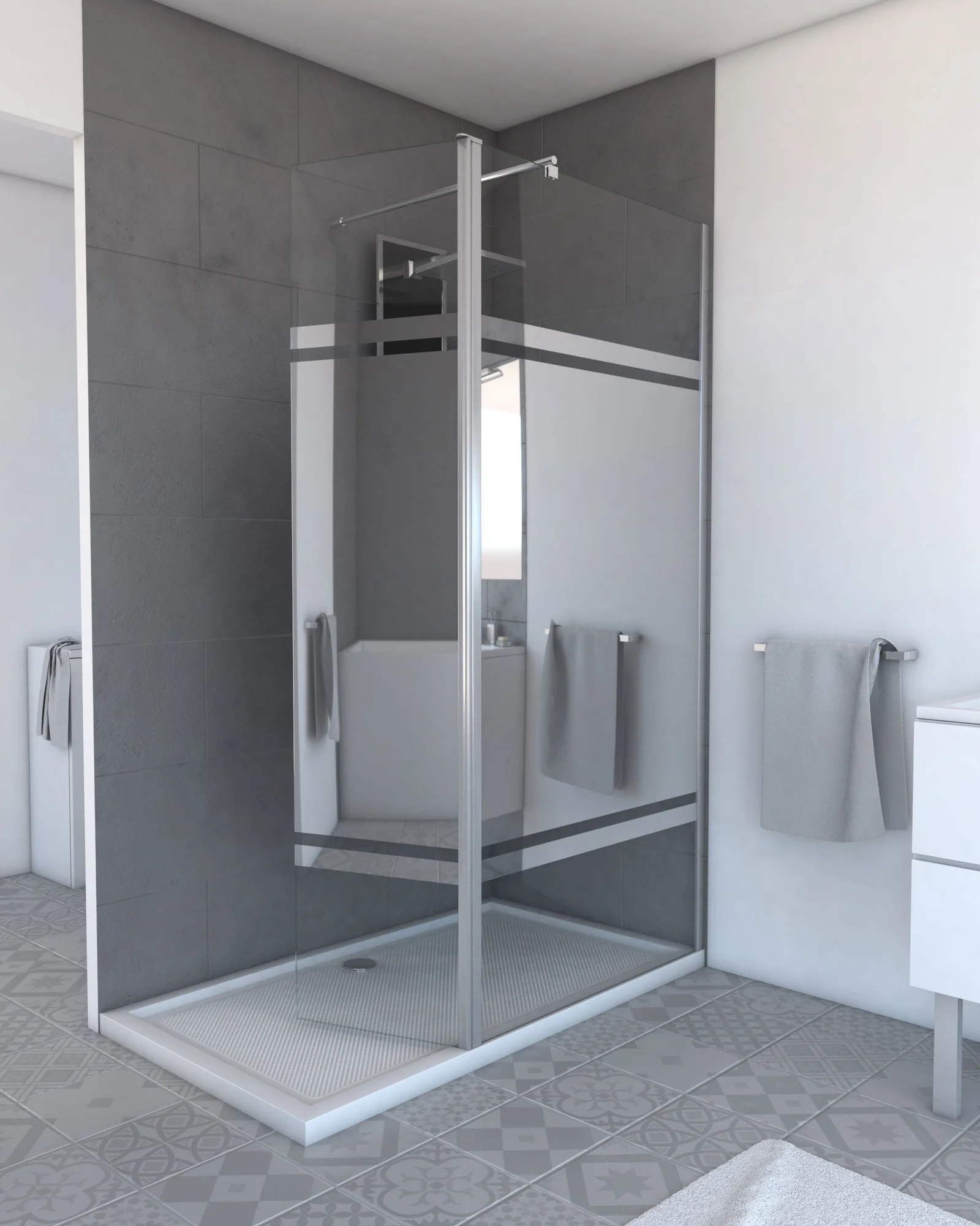 Volet pivotant avec bande miroir pour paroi de douche a l'italienne - 40x200cm VERRE MIROIR 6mm Volet pivotant avec bande miroir pour paroi de douche a l'italienne - 40x200cm VERRE MIROIR 6mm